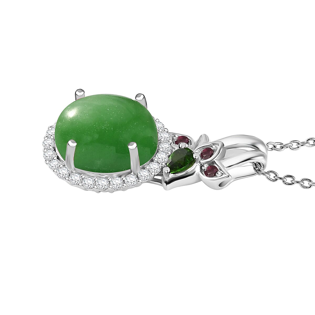 Doorbuster TLV Green Jade, Multi Gemstone Halo Pendant Necklace (20 Inches) in Rhodium Over Sterling Silver 7.15 ctw image number 3