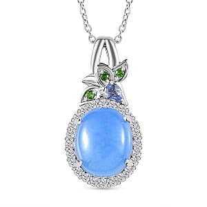Blue Jade (D) and Multi Gemstone Halo Pendant Necklace 20 Inches in Rhodium Over Sterling Silver 6.85 ctw
