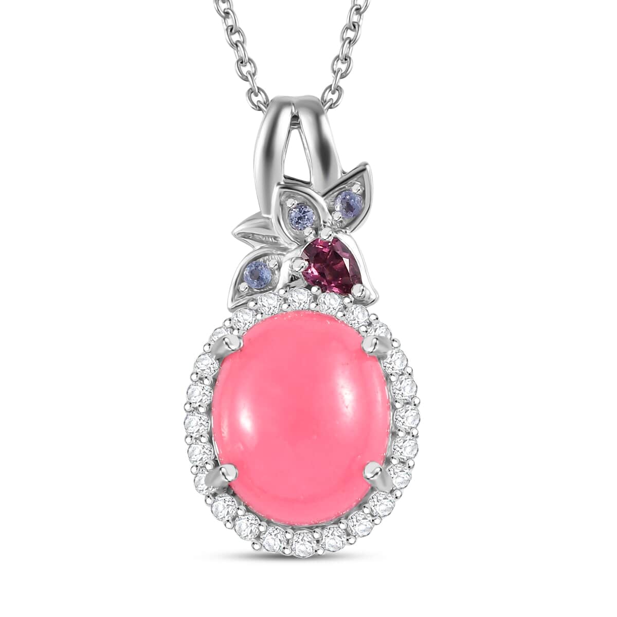 Pink Jade (D) and Multi Gemstone Halo Pendant Necklace 20 Inches in Rhodium Over Sterling Silver 7.15 ctw image number 0