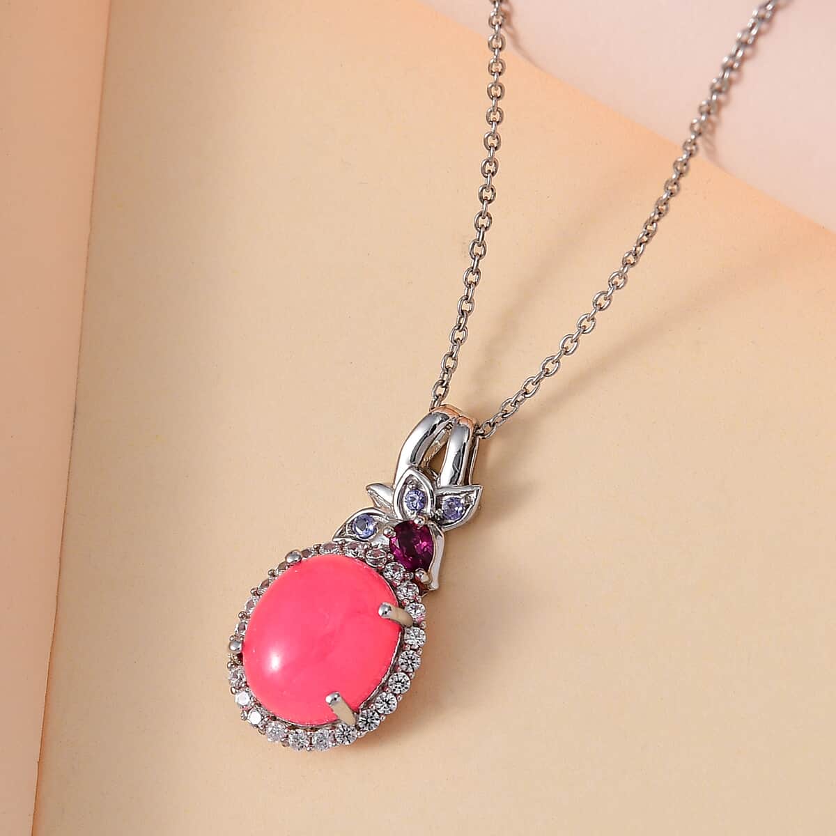 Pink Jade (D) and Multi Gemstone Halo Pendant Necklace 20 Inches in Rhodium Over Sterling Silver 7.15 ctw image number 1