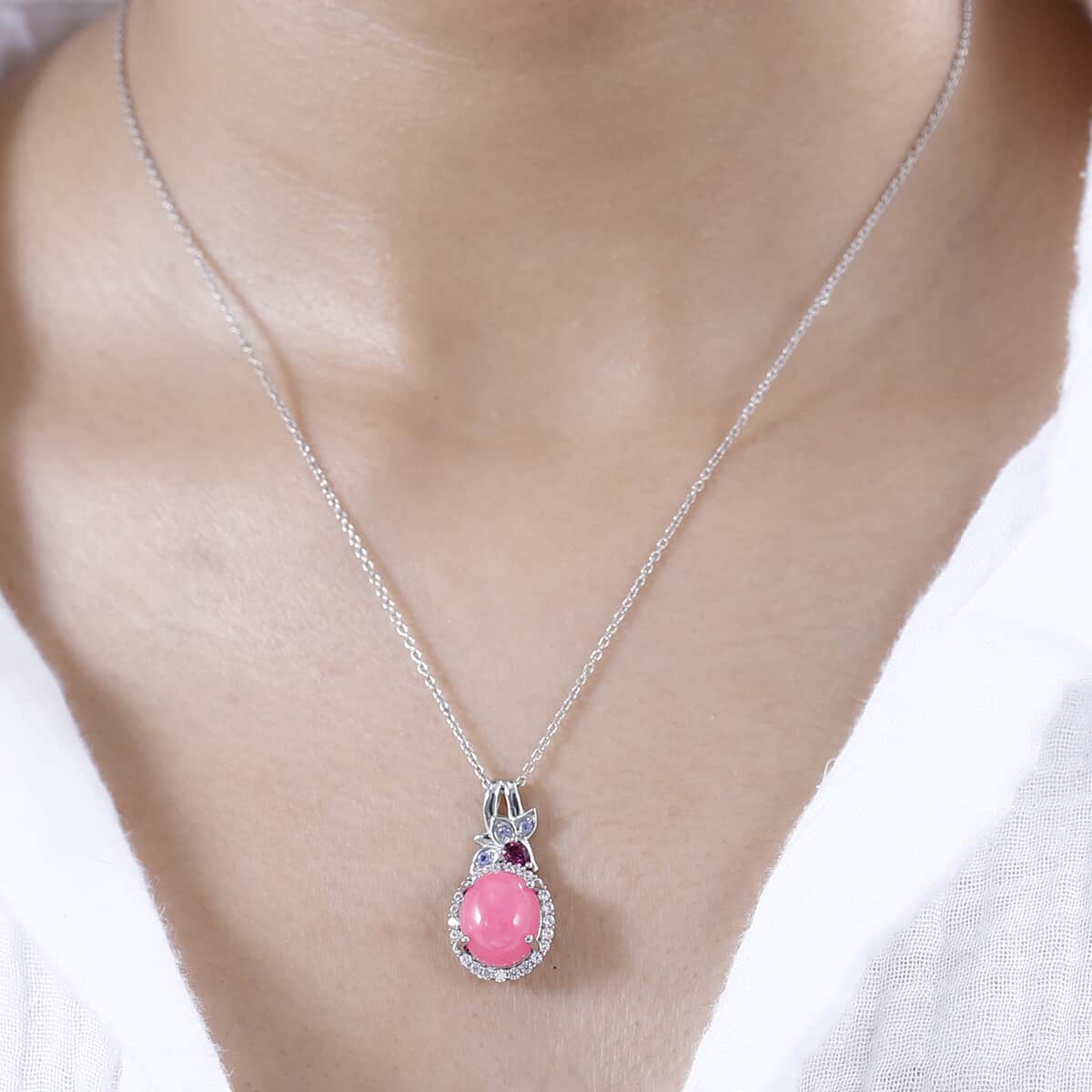 Pink Jade (D) and Multi Gemstone Halo Pendant Necklace 20 Inches in Rhodium Over Sterling Silver 7.15 ctw image number 2