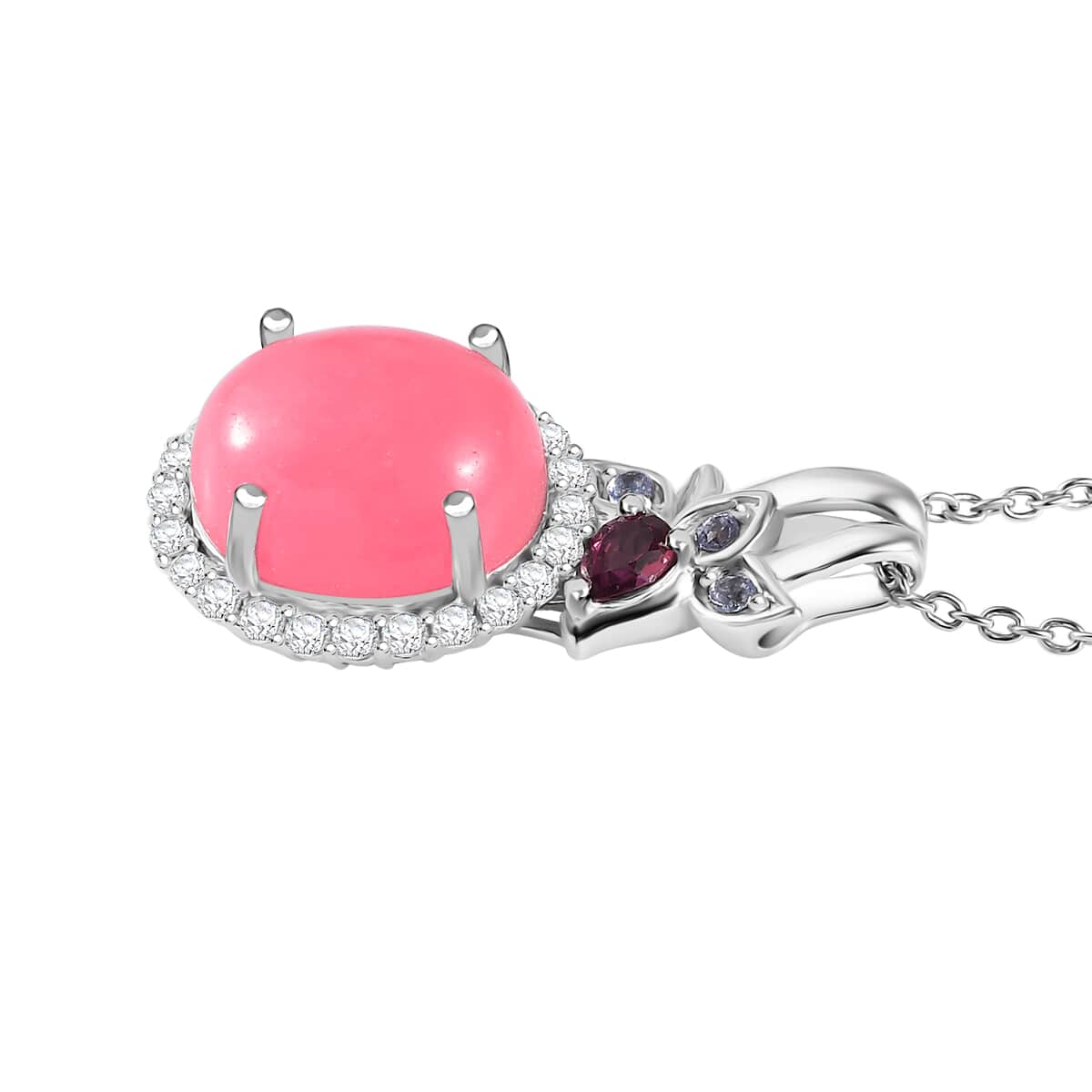 Pink Jade (D) and Multi Gemstone Halo Pendant Necklace 20 Inches in Rhodium Over Sterling Silver 7.15 ctw image number 3