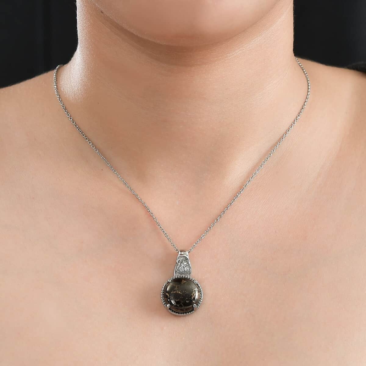 Matrix Silver Shungite and White Zircon Pendant Necklace 20 Inches in Stainless Steel 15.15 ctw image number 2