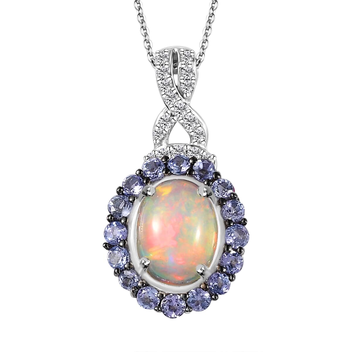 Premium Ethiopian Welo Opal and Multi Gemstone Infinity Halo Pendant Necklace 20 Inches in Platinum Over Sterling Silver 2.00 ctw image number 0