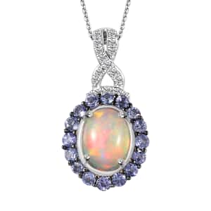 Premium Ethiopian Welo Opal and Multi Gemstone Infinity Halo Pendant Necklace 20 Inches in Platinum Over Sterling Silver 2.00 ctw
