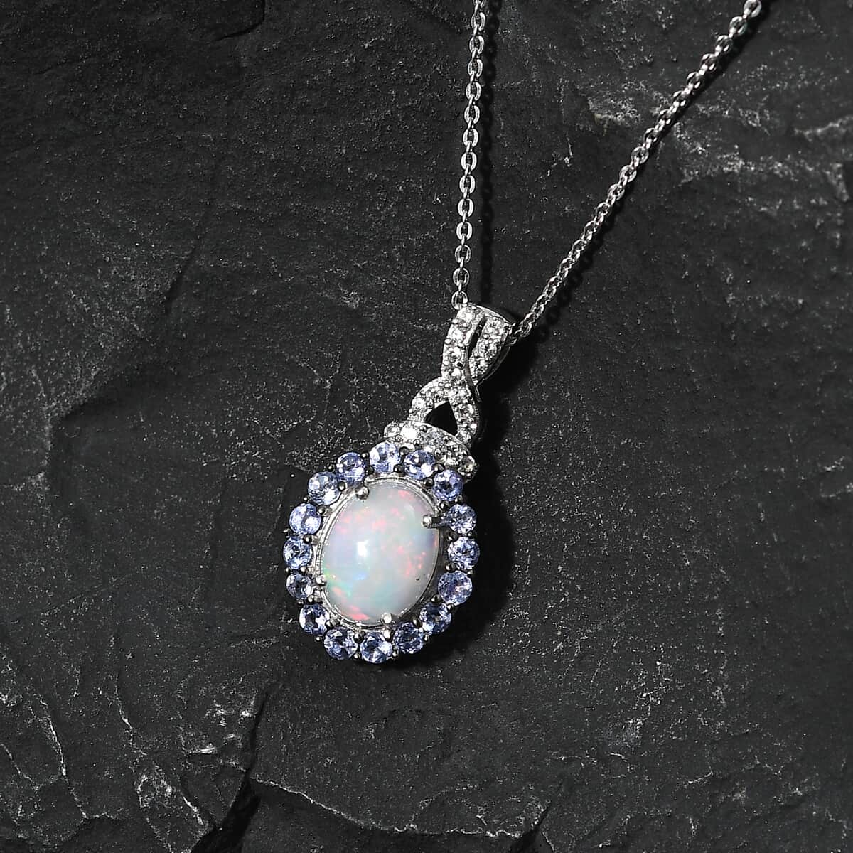Premium Ethiopian Welo Opal and Multi Gemstone Infinity Halo Pendant Necklace 20 Inches in Platinum Over Sterling Silver 2.00 ctw image number 1