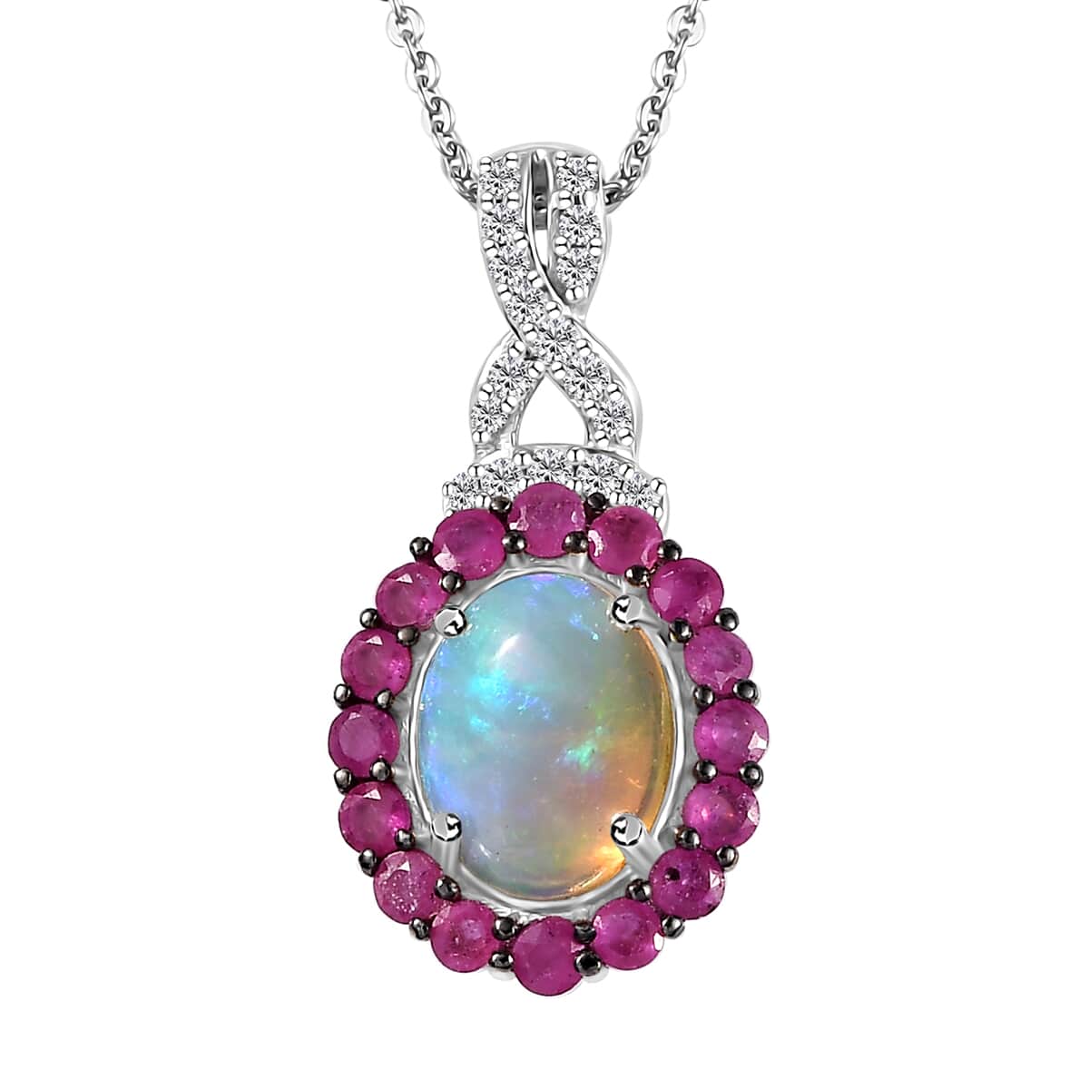 Premium Ethiopian Welo Opal and Multi Gemstone Infinity Halo Pendant Necklace 20 Inches in Platinum Over Sterling Silver 2.35 ctw image number 0