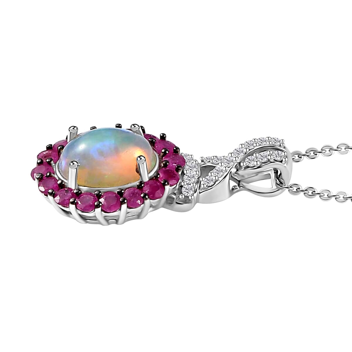 Premium Ethiopian Welo Opal and Multi Gemstone Infinity Halo Pendant Necklace 20 Inches in Platinum Over Sterling Silver 2.35 ctw image number 3