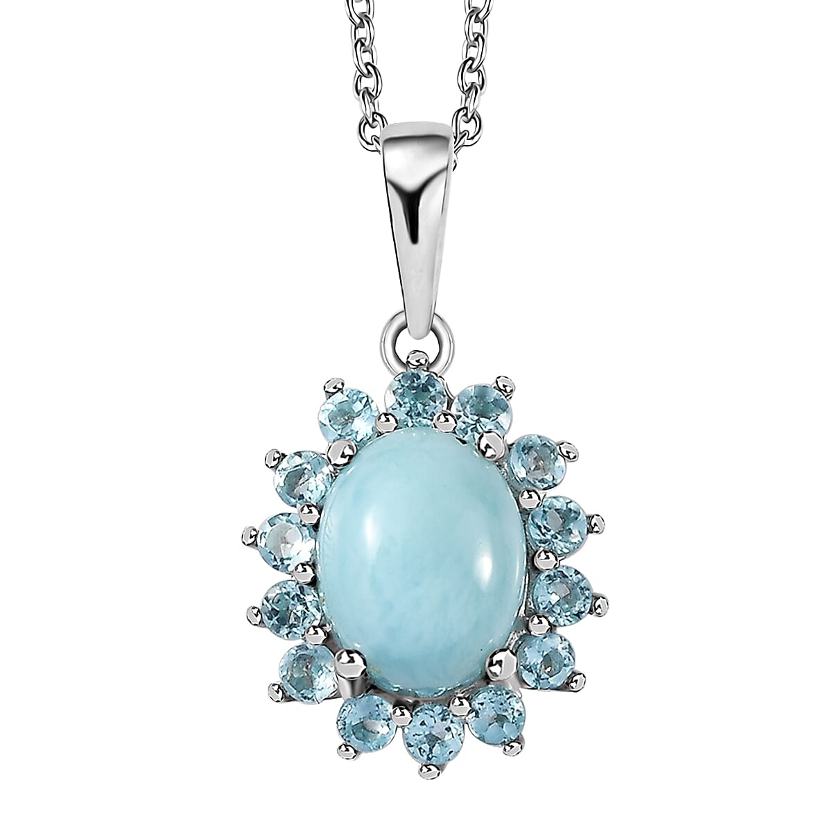 Larimar and Betroka Blue Apatite Halo Pendant Necklace 20 Inches in Rhodium Over Sterling Silver 3.00 ctw