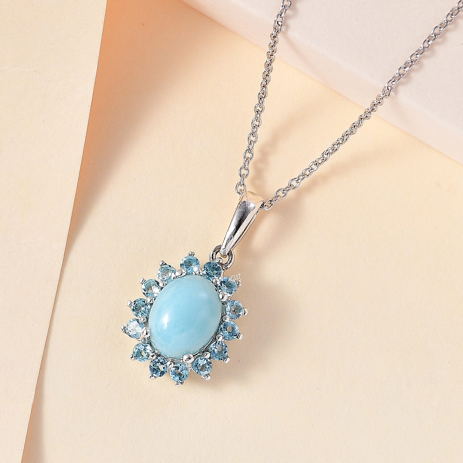 Larimar and Betroka Blue Apatite Halo Pendant Necklace 20 Inches in Rhodium Over Sterling Silver 3.00 ctw