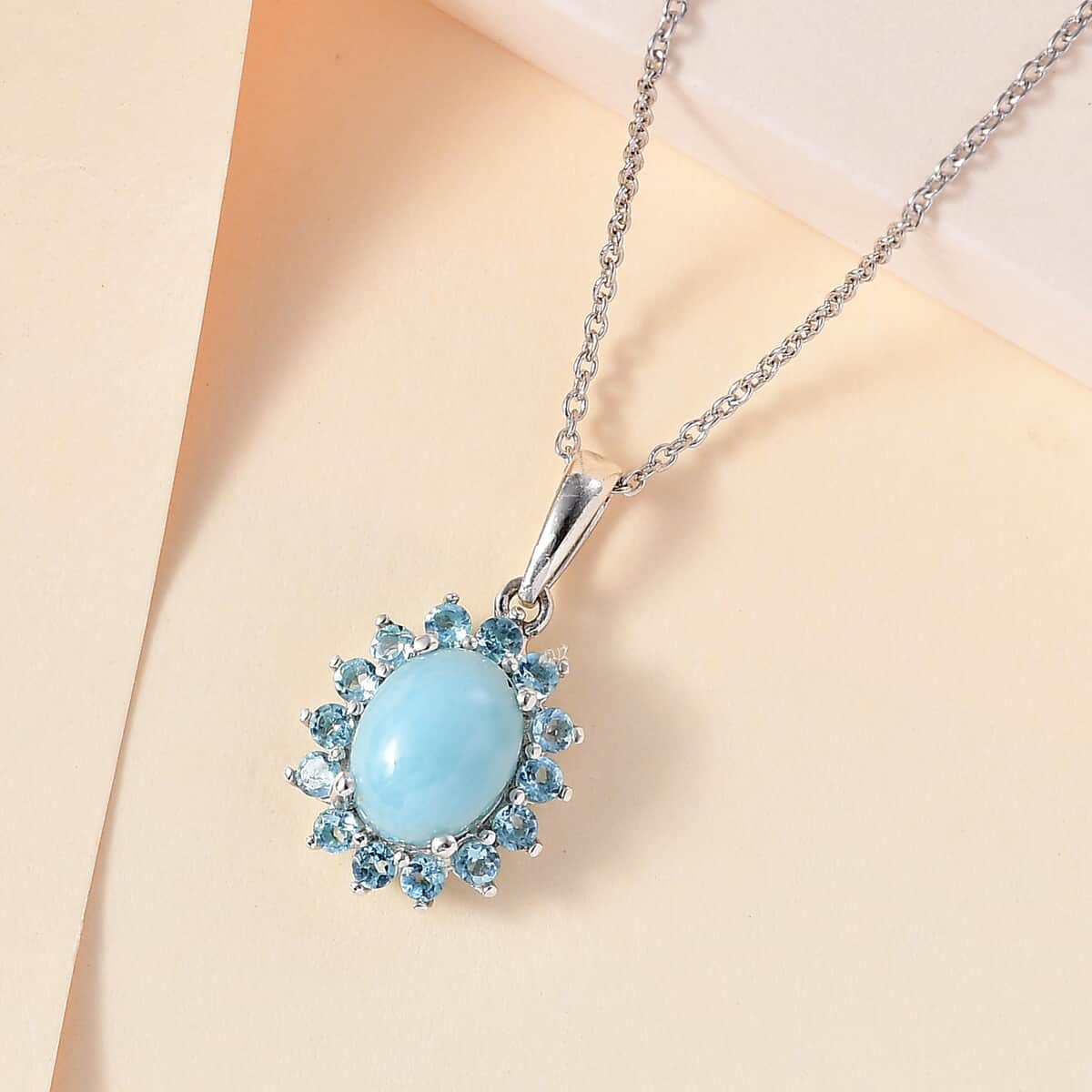 Larimar and Betroka Blue Apatite Halo Pendant Necklace 20 Inches in Rhodium Over Sterling Silver 3.00 ctw image number 1