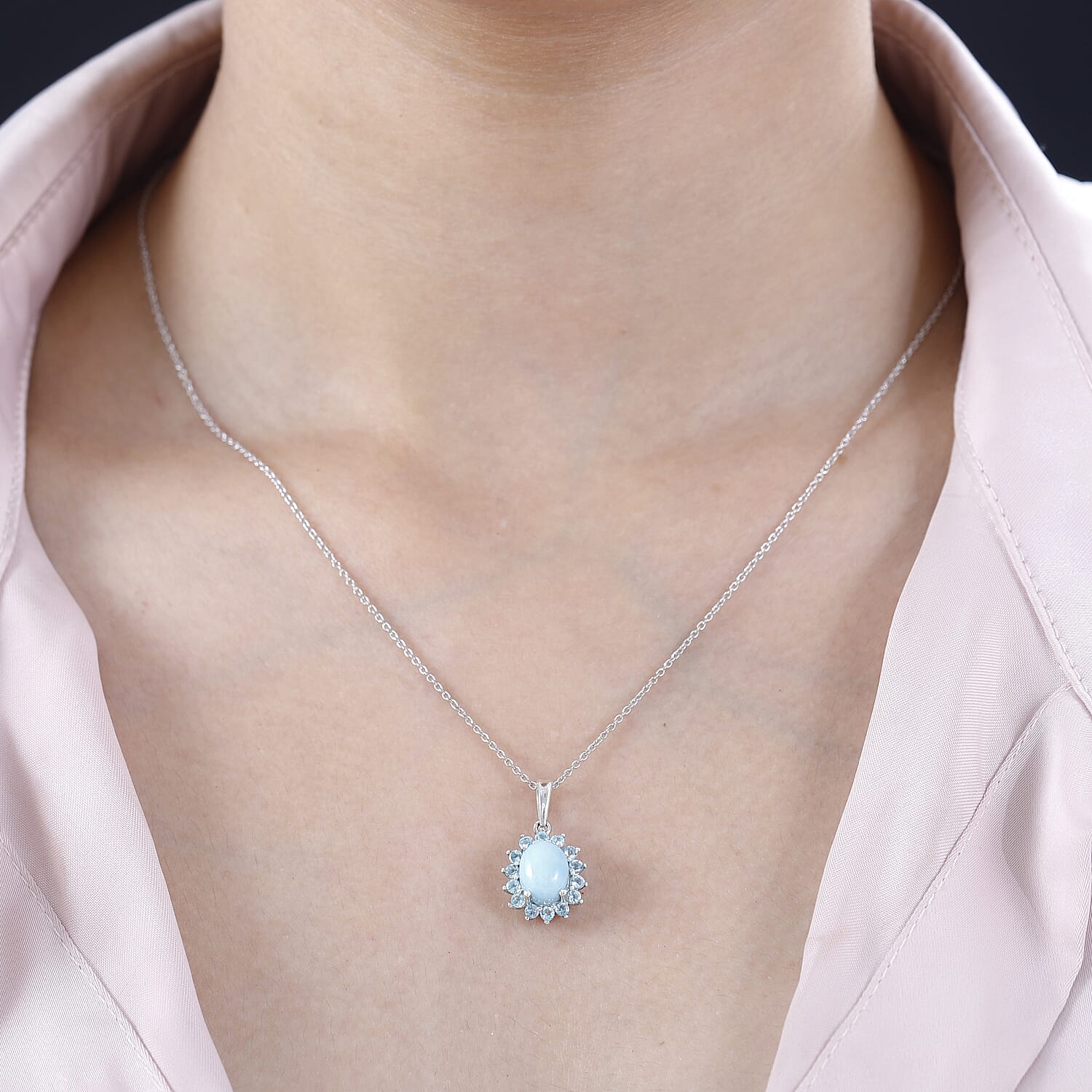 Larimar and Betroka Blue Apatite Halo Pendant Necklace 20 Inches in Rhodium Over Sterling Silver 3.00 ctw