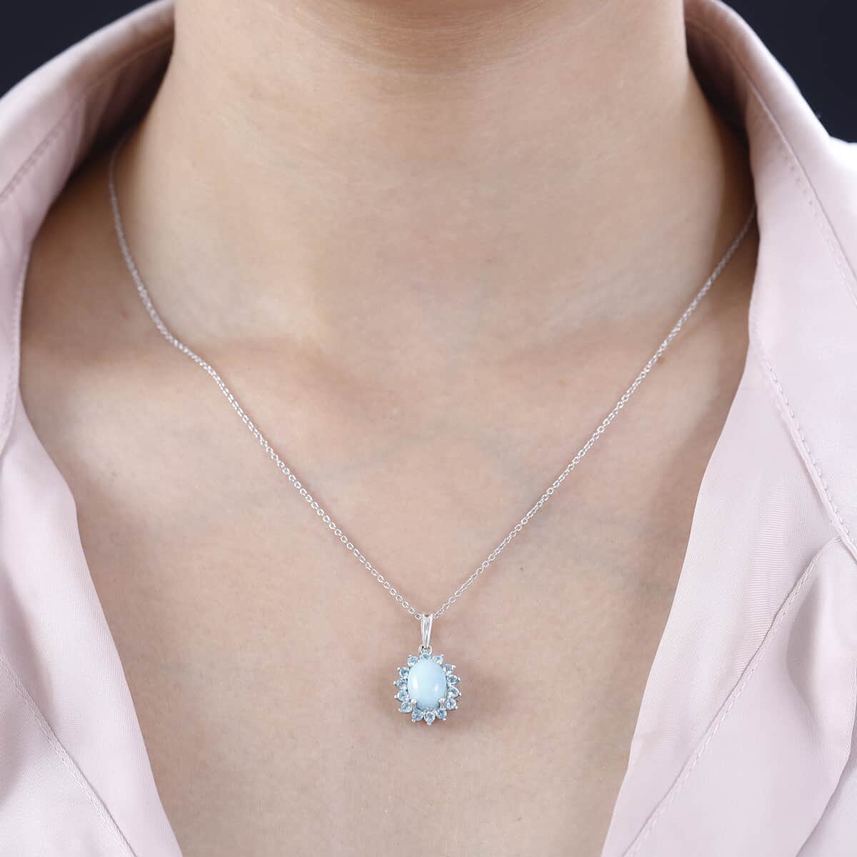 Larimar and Betroka Blue Apatite Halo Pendant Necklace 20 Inches in Rhodium Over Sterling Silver 3.00 ctw image number 2