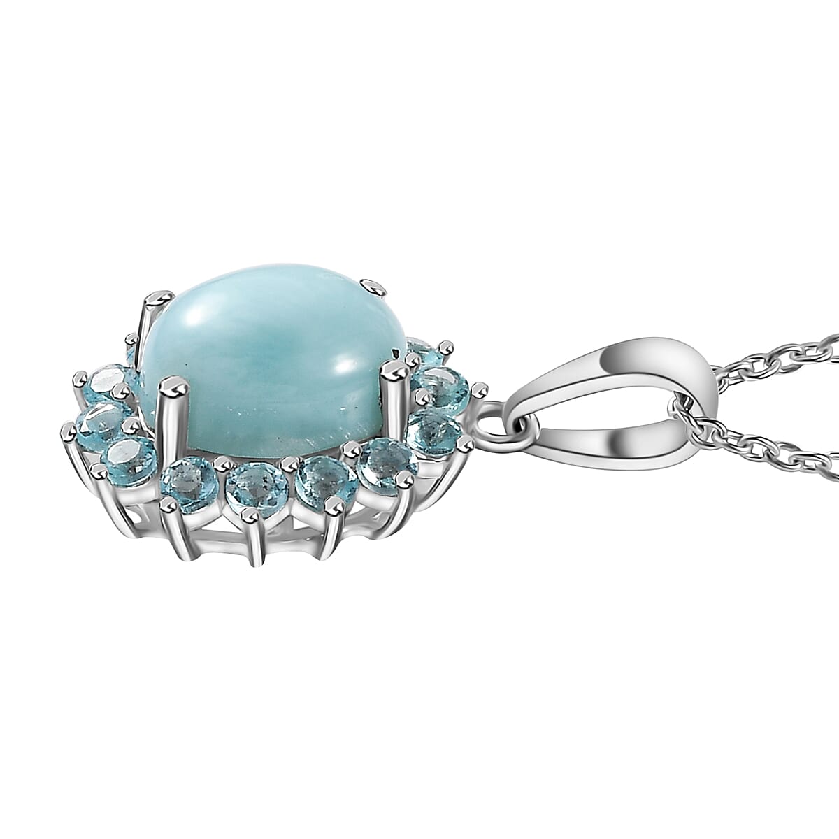 Larimar and Betroka Blue Apatite Halo Pendant Necklace 20 Inches in Rhodium Over Sterling Silver 3.00 ctw