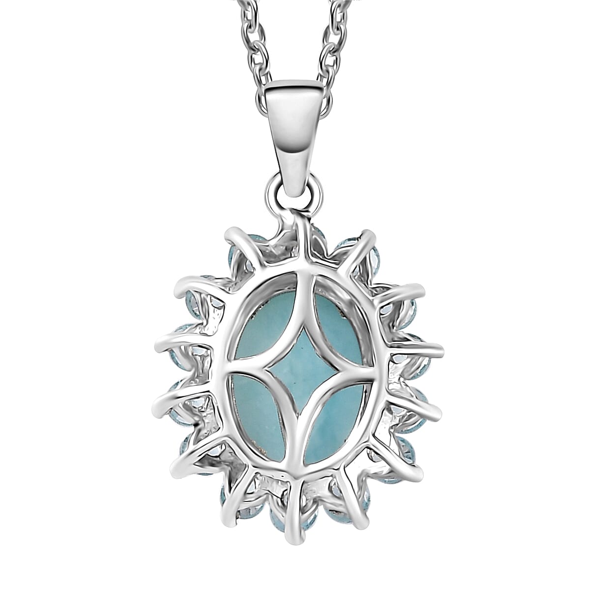 Larimar and Betroka Blue Apatite Halo Pendant Necklace 20 Inches in Rhodium Over Sterling Silver 3.00 ctw