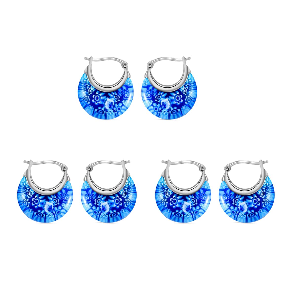 Set of 3 Blue Murano Style Basket Earrings in Stainless Steel image number 0