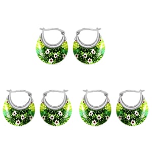 Set of 3 Green Color Murano Style Basket Earrings in Stainless Steel
