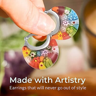 Set of 3 Multi Color Murano Style Basket Earrings in Stainless Steel