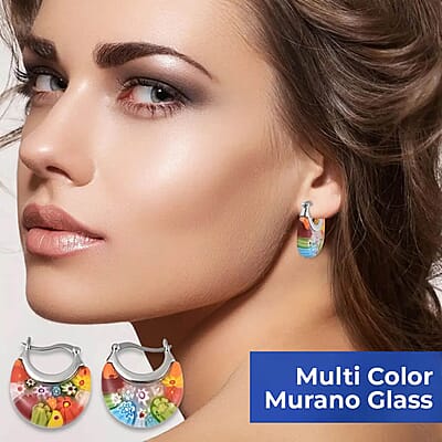 Set of 3 Multi Color Murano Style Basket Earrings in Stainless Steel