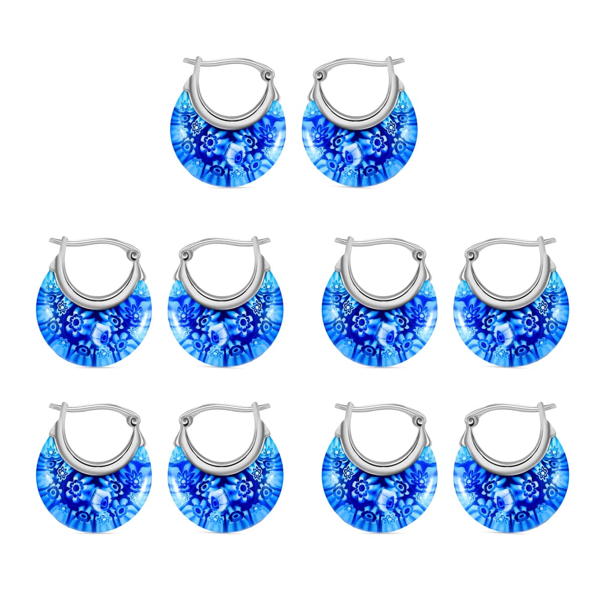 Set of 5 Blue Murano Style Basket Earrings in Stainless Steel image number 0