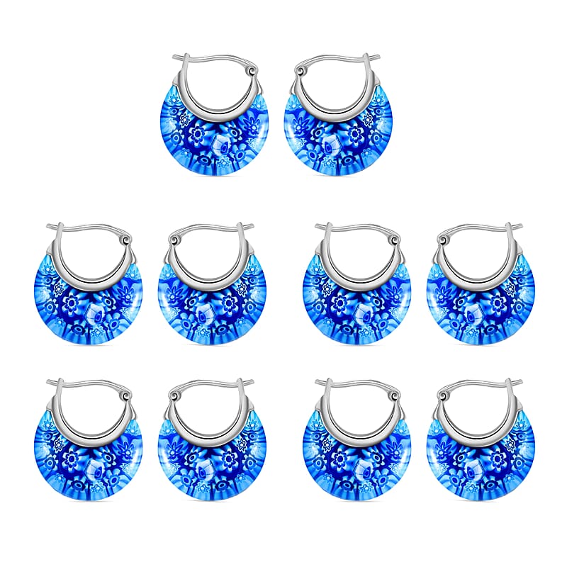 Set of 5 Blue Murano Style Basket Earrings in Stainless Steel