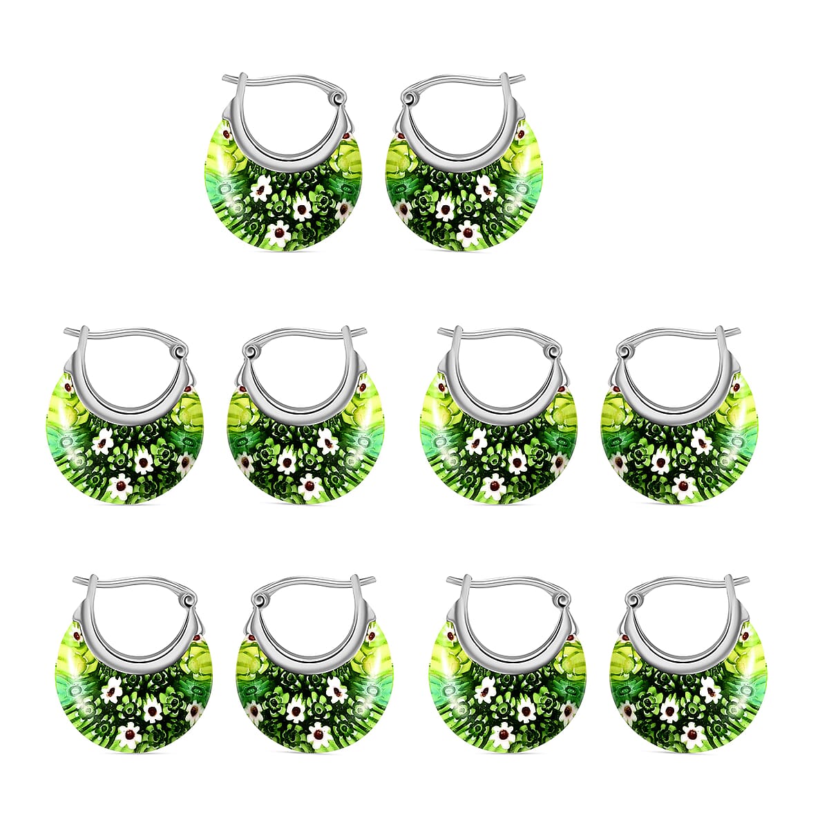 Set of 5 Green Murano Style Basket Earrings in Stainless Steel image number 0