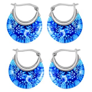 Set of 2 Blue Murano Style Basket Earrings in Stainless Steel