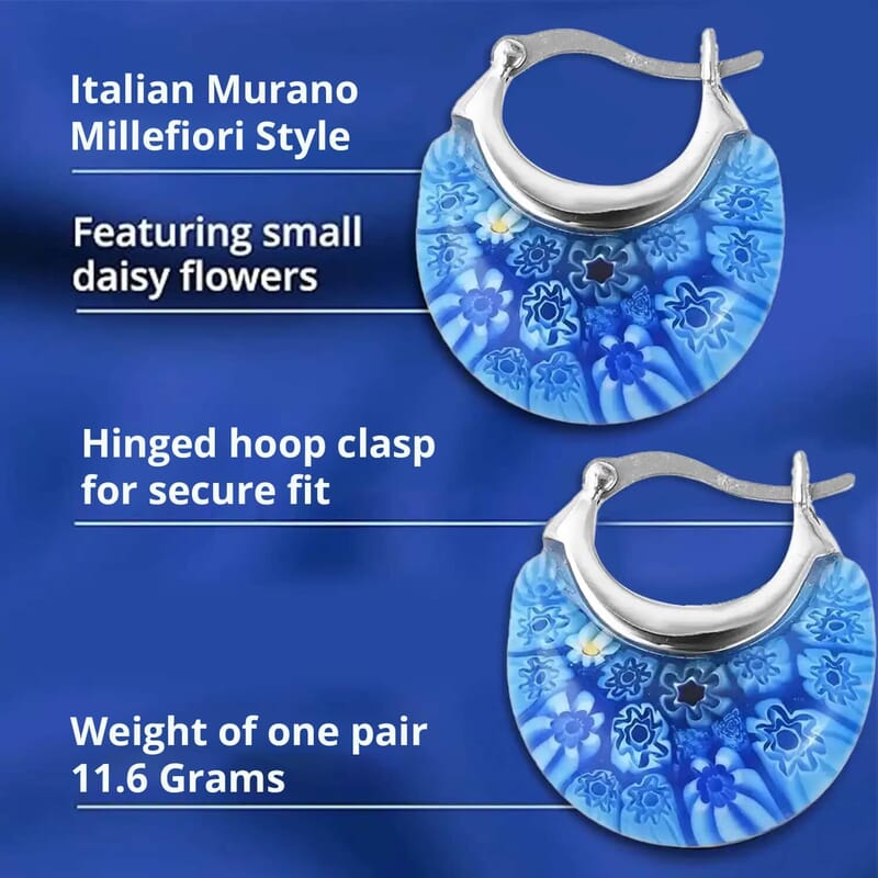 Set of 2 Blue Murano Style Basket Earrings in Stainless Steel