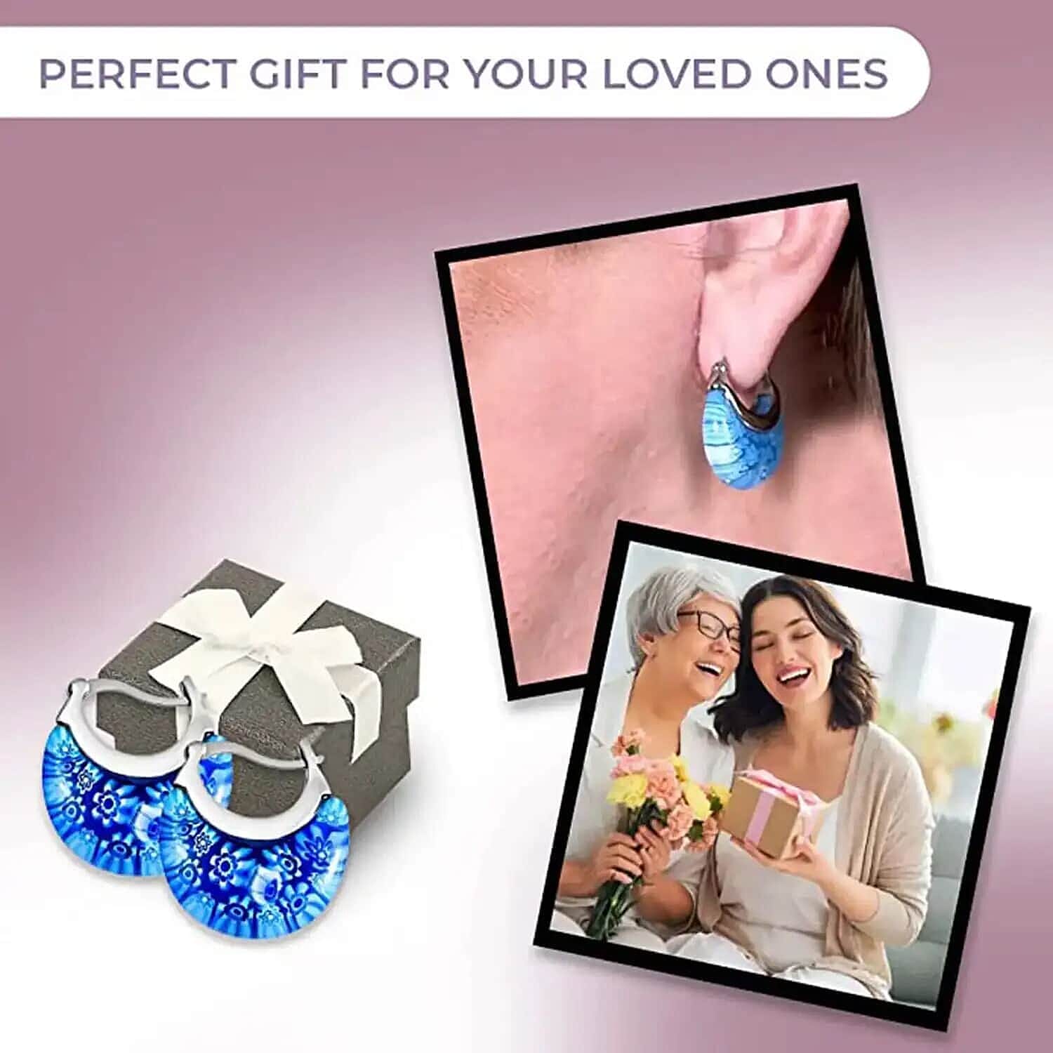 Set of 2 Blue Murano Style Basket Earrings in Stainless Steel