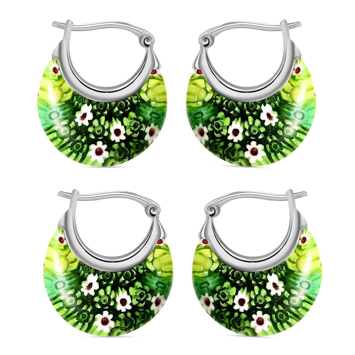 Set of 2 Green Murano Style Basket Earrings in Stainless Steel  image number 0