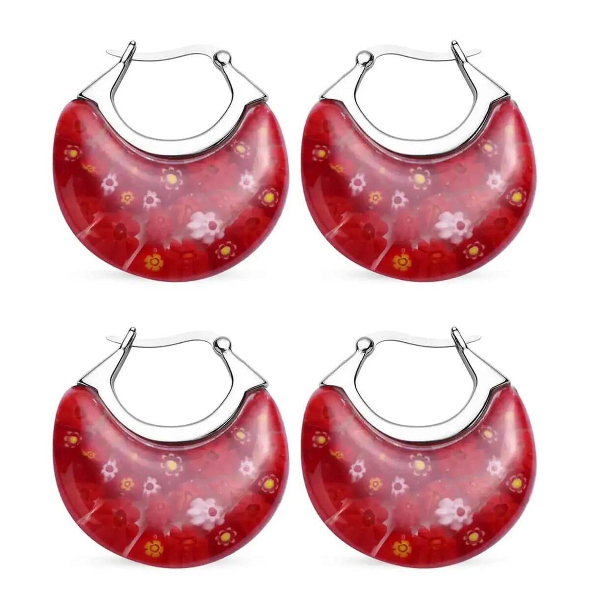 Set of 2 Red Murano Style Basket Earrings in Stainless Steel  image number 0