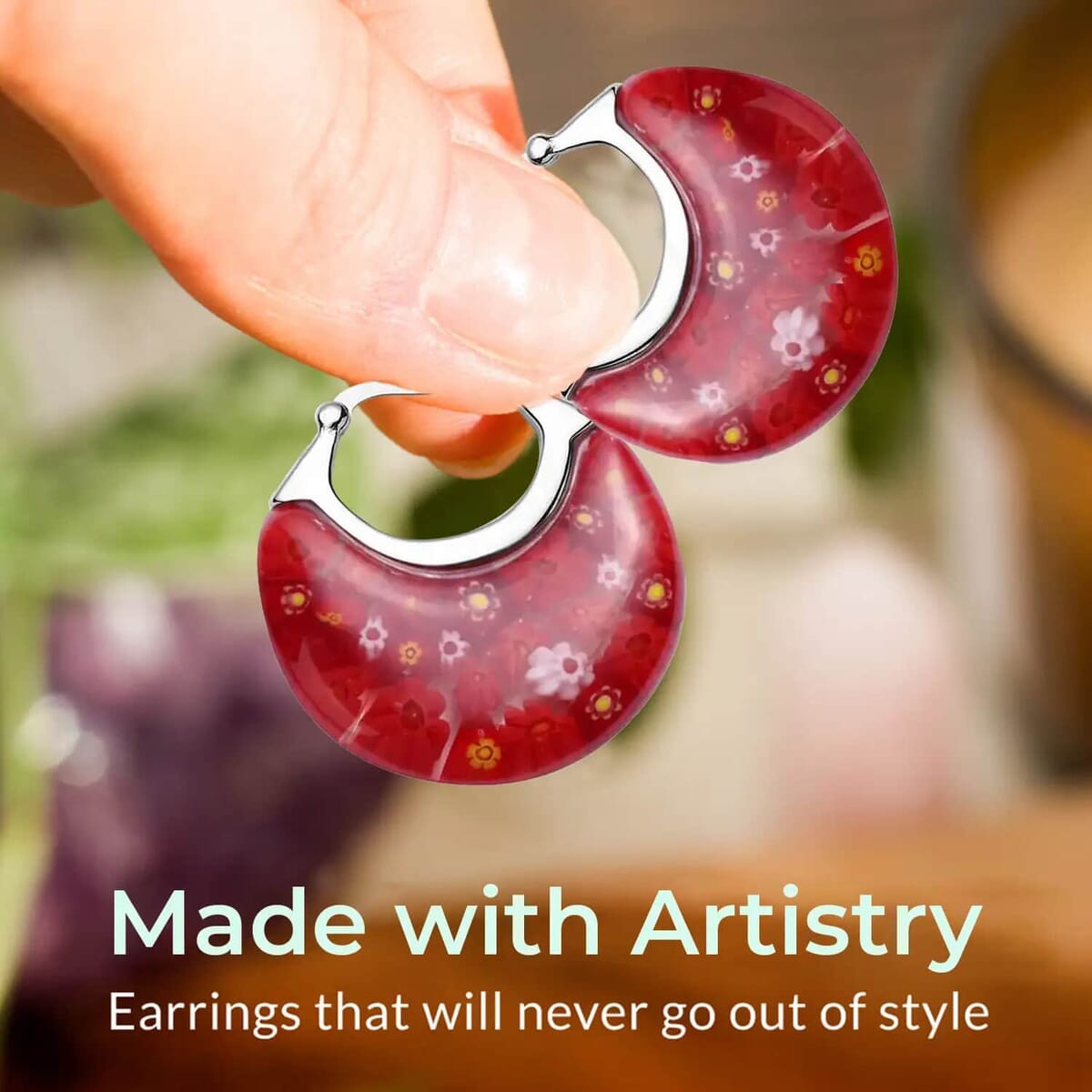 Set of 2 Red Murano Style Basket Earrings in Stainless Steel  image number 1