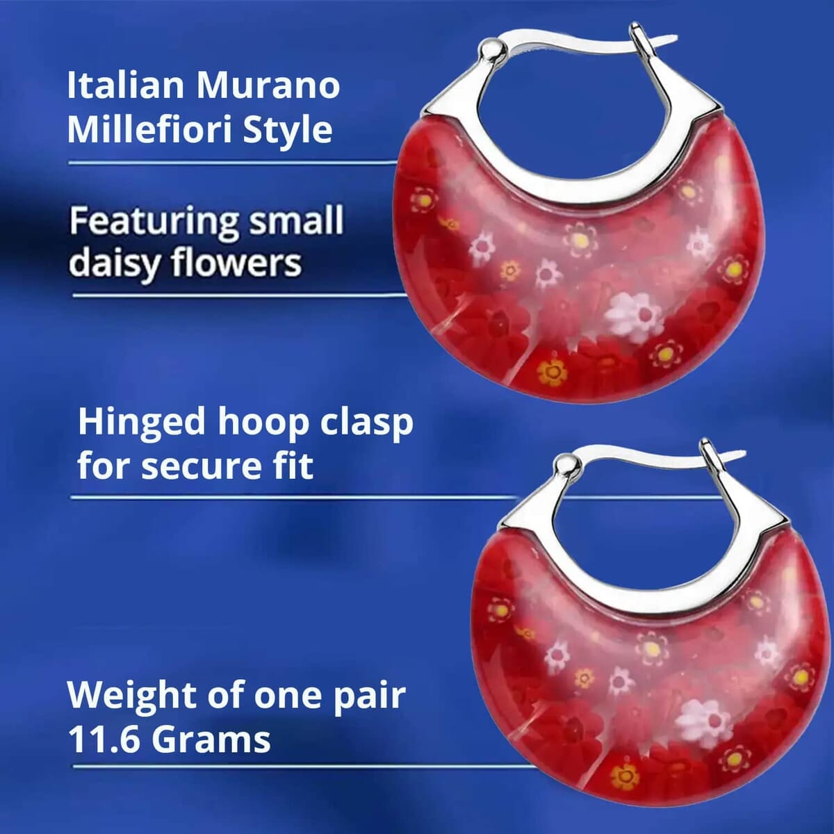 Set of 2 Red Murano Style Basket Earrings in Stainless Steel  image number 2