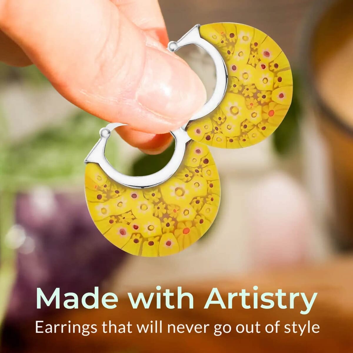 Set of 2 Yellow Murano Style Basket Earrings in Stainless Steel image number 1