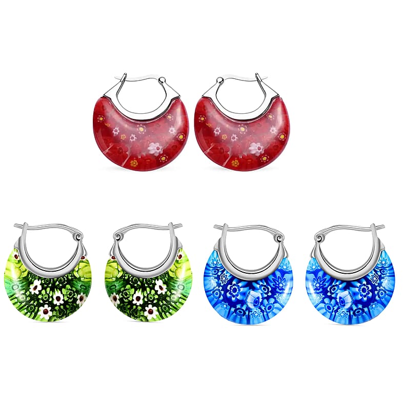 Set of 3 Red, Green and Blue Murano Style Basket Earrings in Stainless Steel (Del. In 10-12 Days)