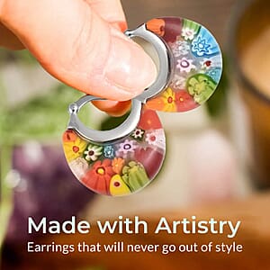 Set of 3 Yellow, Multi Color and Red Murano Style Basket Earrings in Stainless Steel (Del. In 10-12 Days)