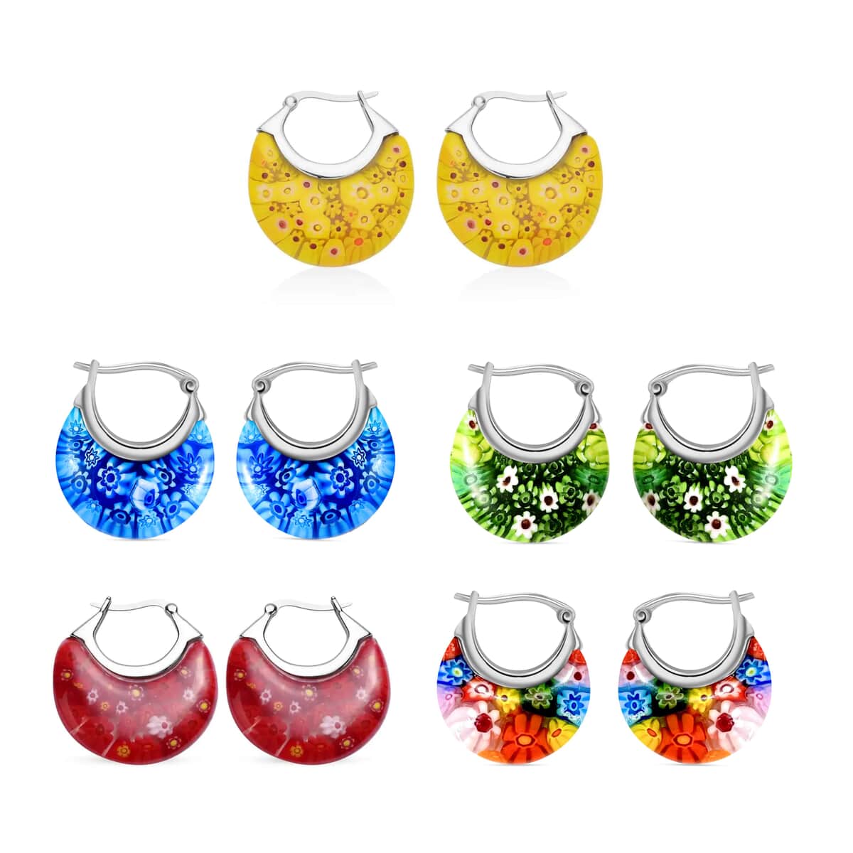 Set of 5 Multi Color Murano Style Basket Earrings in Stainless Steel image number 0