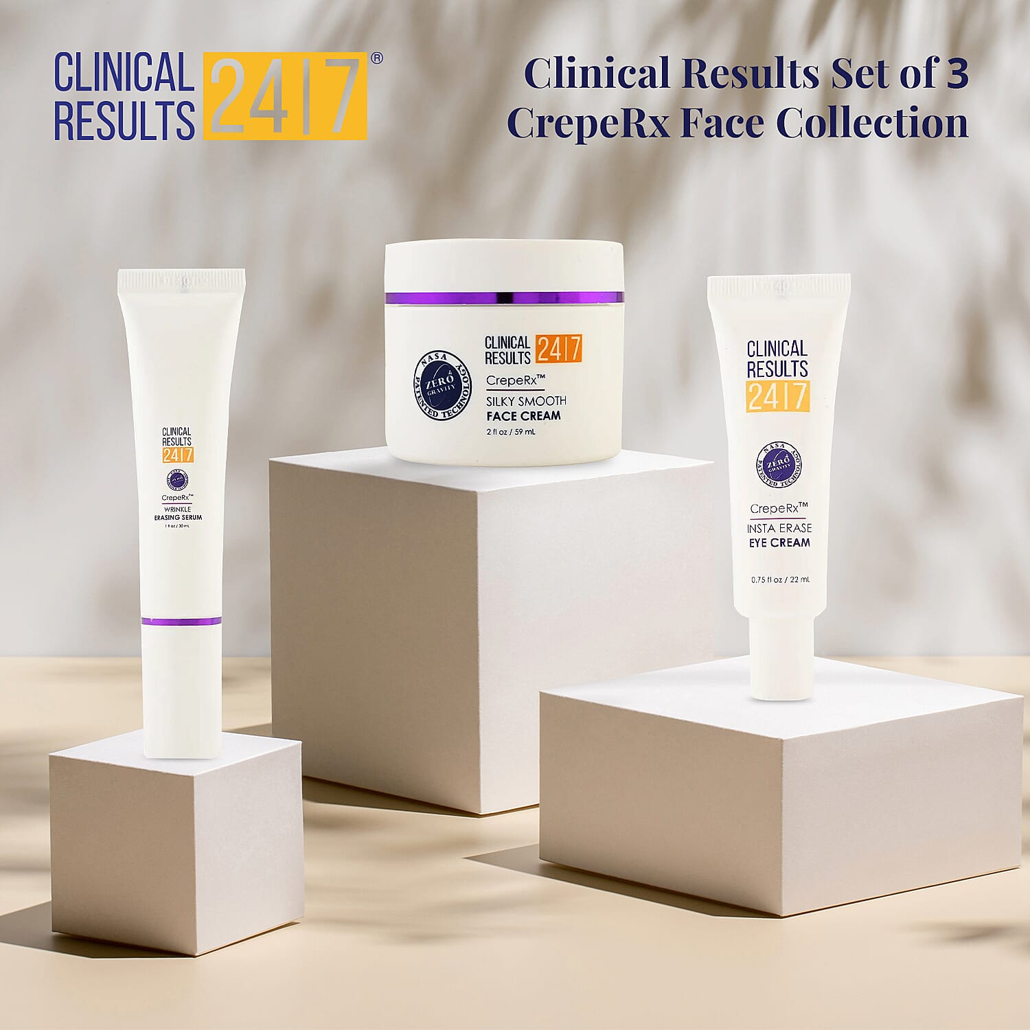 Clinical Results CrepeRx  Face Collection Insta Erase Eye Cream(.75oz), Wrinkle Erasing Serum (1oz) and Silky Smooth Face Cream (2oz)