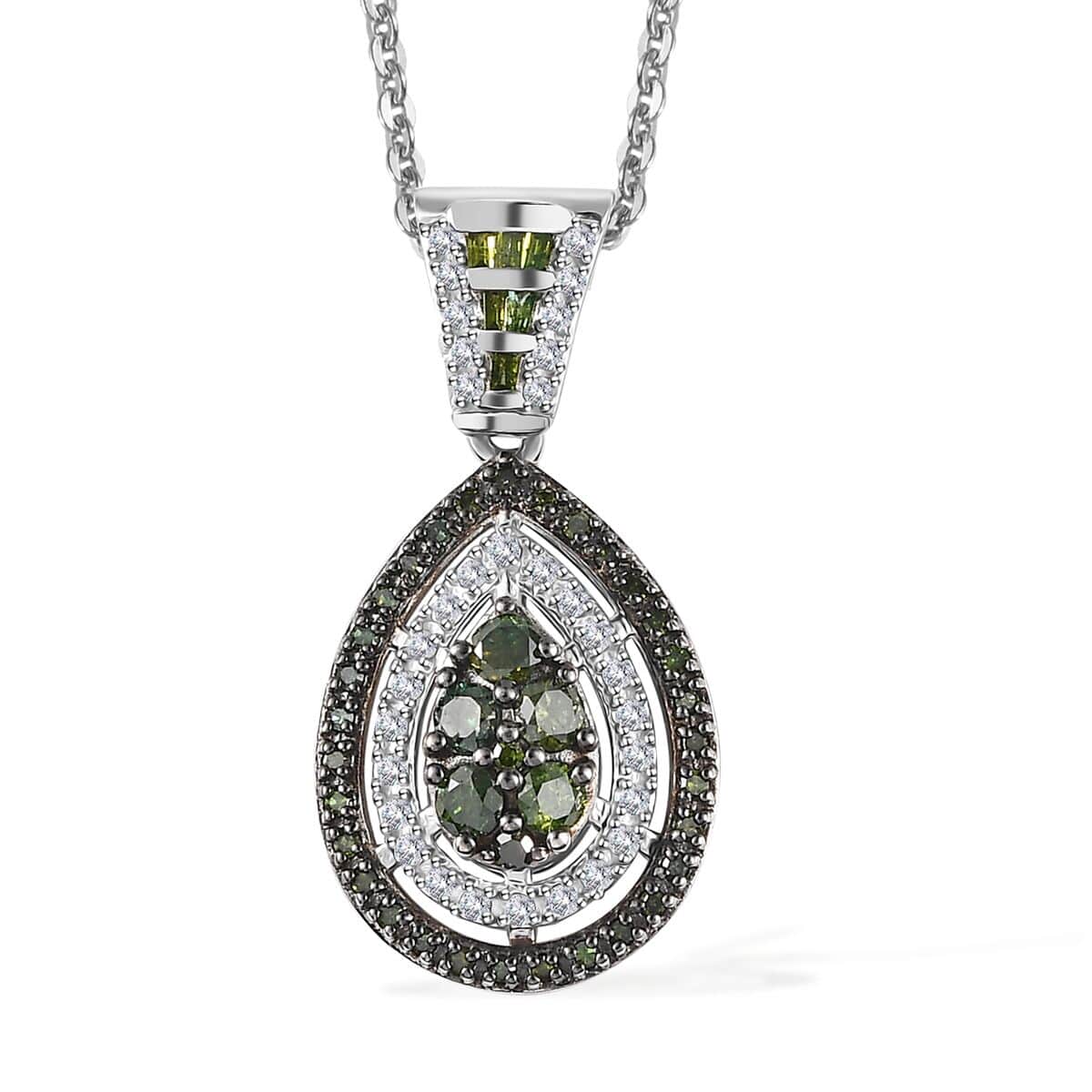 Green and White Diamond Pendant Necklace 20 Inches in Rhodium Over Sterling Silver 1.00 ctw image number 0