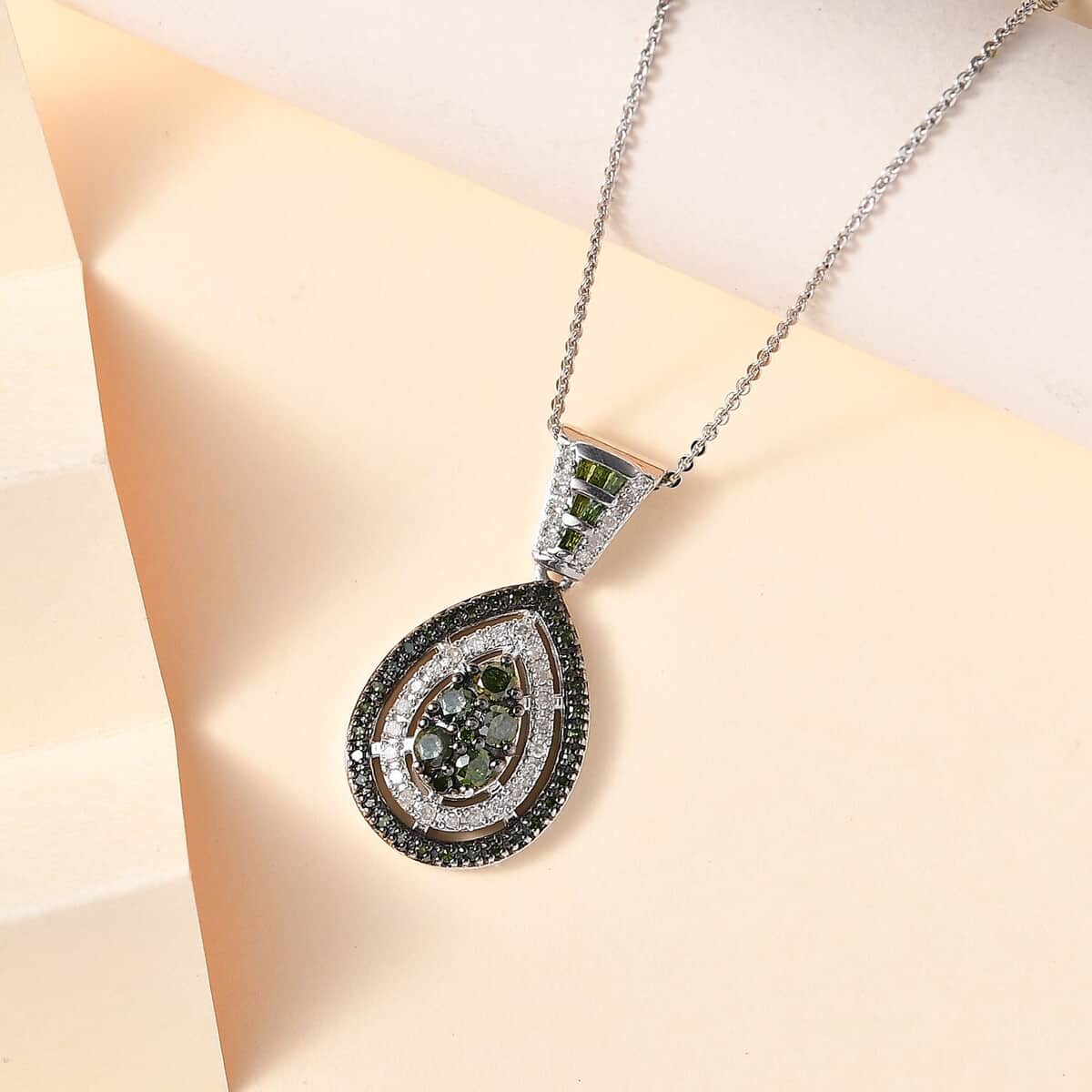 Green and White Diamond Pendant Necklace 20 Inches in Rhodium Over Sterling Silver 1.00 ctw image number 1