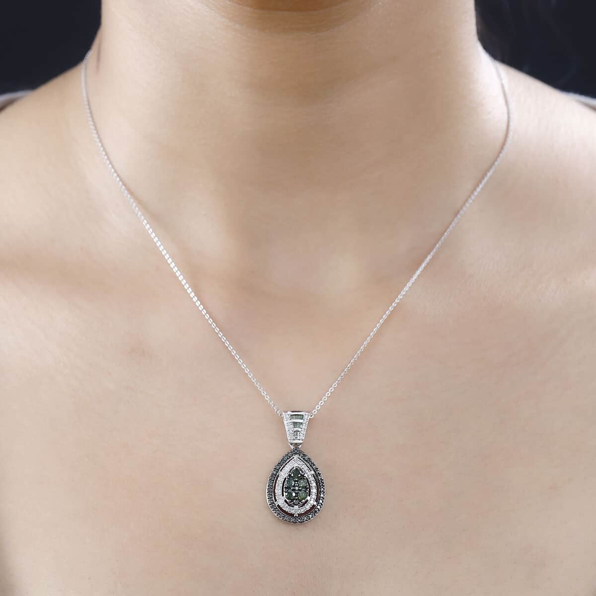 Green and White Diamond Pendant Necklace 20 Inches in Rhodium Over Sterling Silver 1.00 ctw image number 2