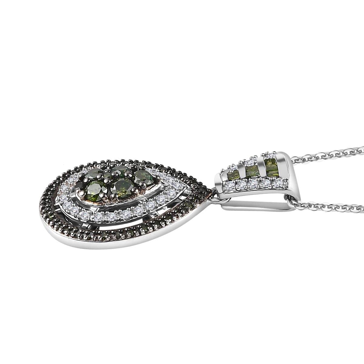 Green and White Diamond Pendant Necklace 20 Inches in Rhodium Over Sterling Silver 1.00 ctw image number 3