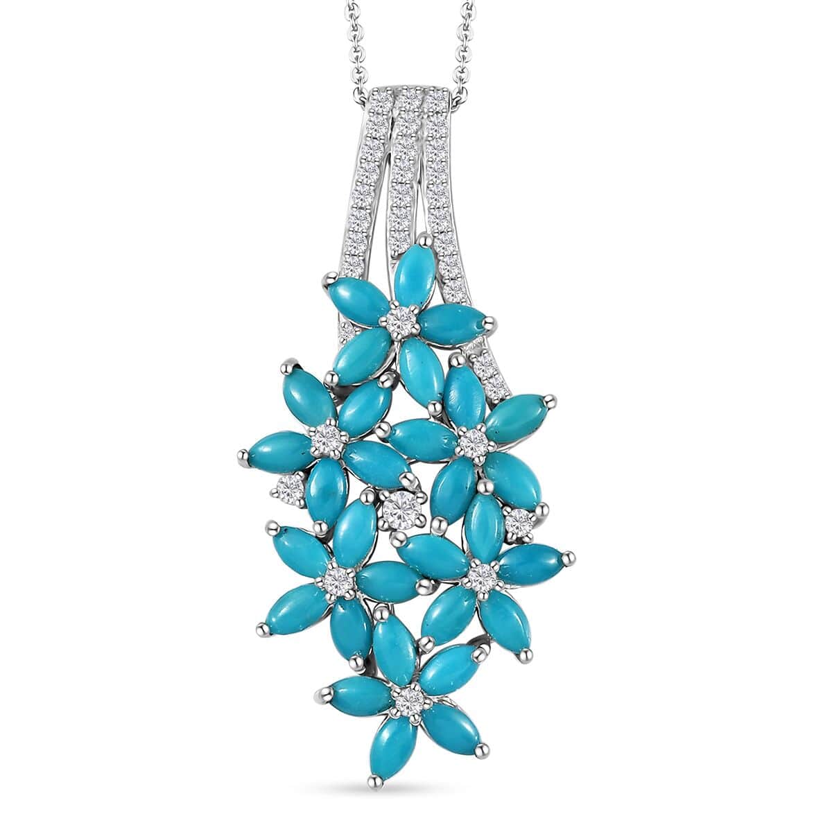 Sleeping Beauty Turquoise and White Zircon Floral Pendant Necklace 20 Inches in Rhodium Over Sterling Silver 4.75 ctw image number 0