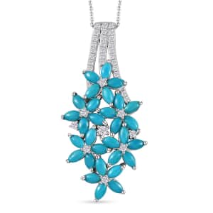 Sleeping Beauty Turquoise and White Zircon Floral Pendant Necklace 20 Inches in Rhodium Over Sterling Silver 4.75 ctw