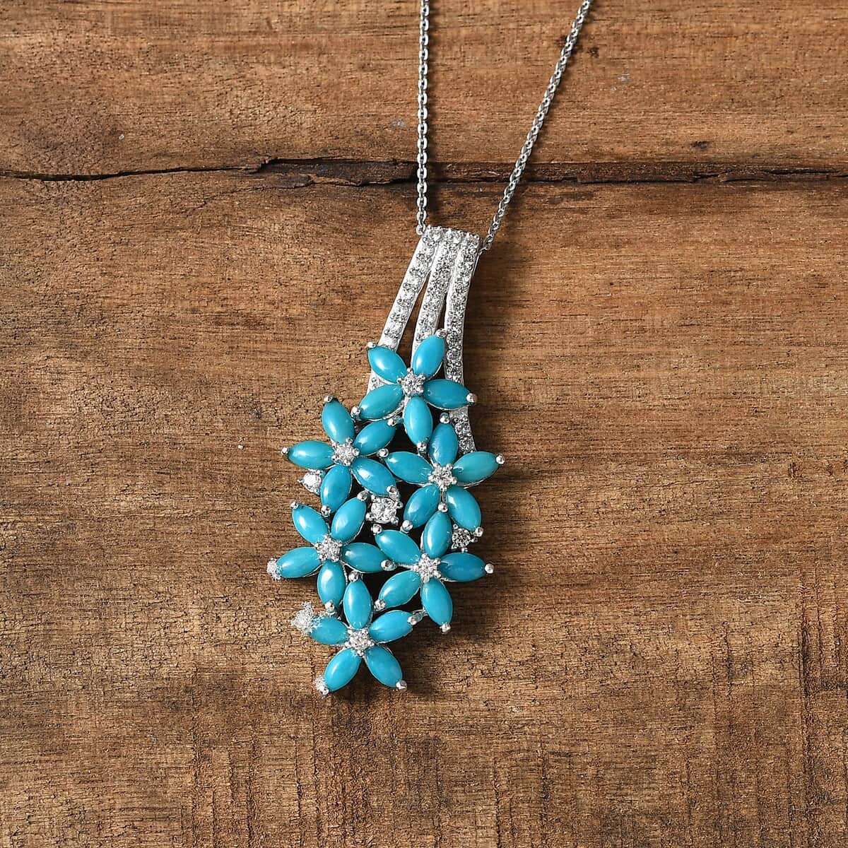Sleeping Beauty Turquoise and White Zircon Floral Pendant Necklace 20 Inches in Rhodium Over Sterling Silver 4.75 ctw image number 1