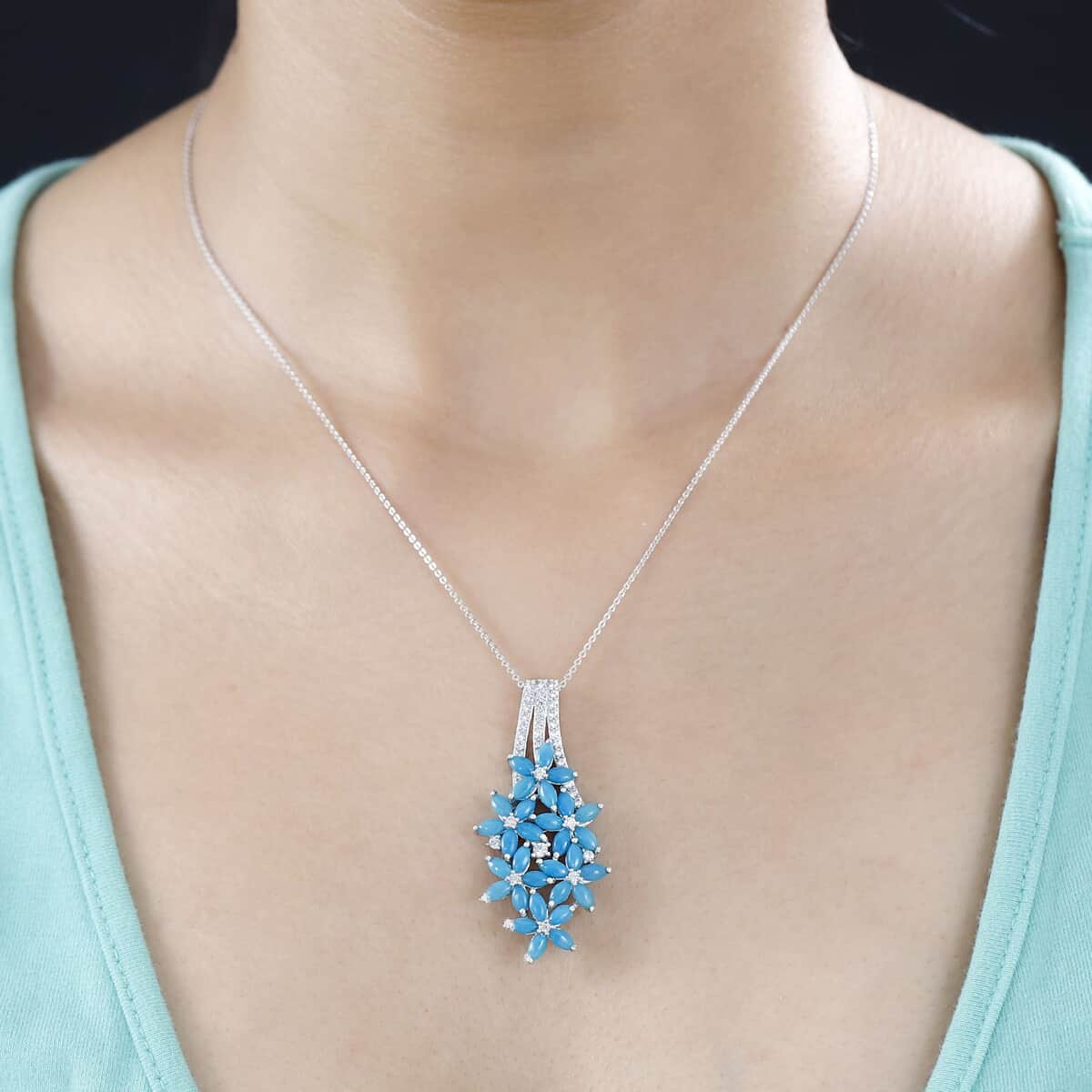 Sleeping Beauty Turquoise and White Zircon Floral Pendant Necklace 20 Inches in Rhodium Over Sterling Silver 4.75 ctw image number 2