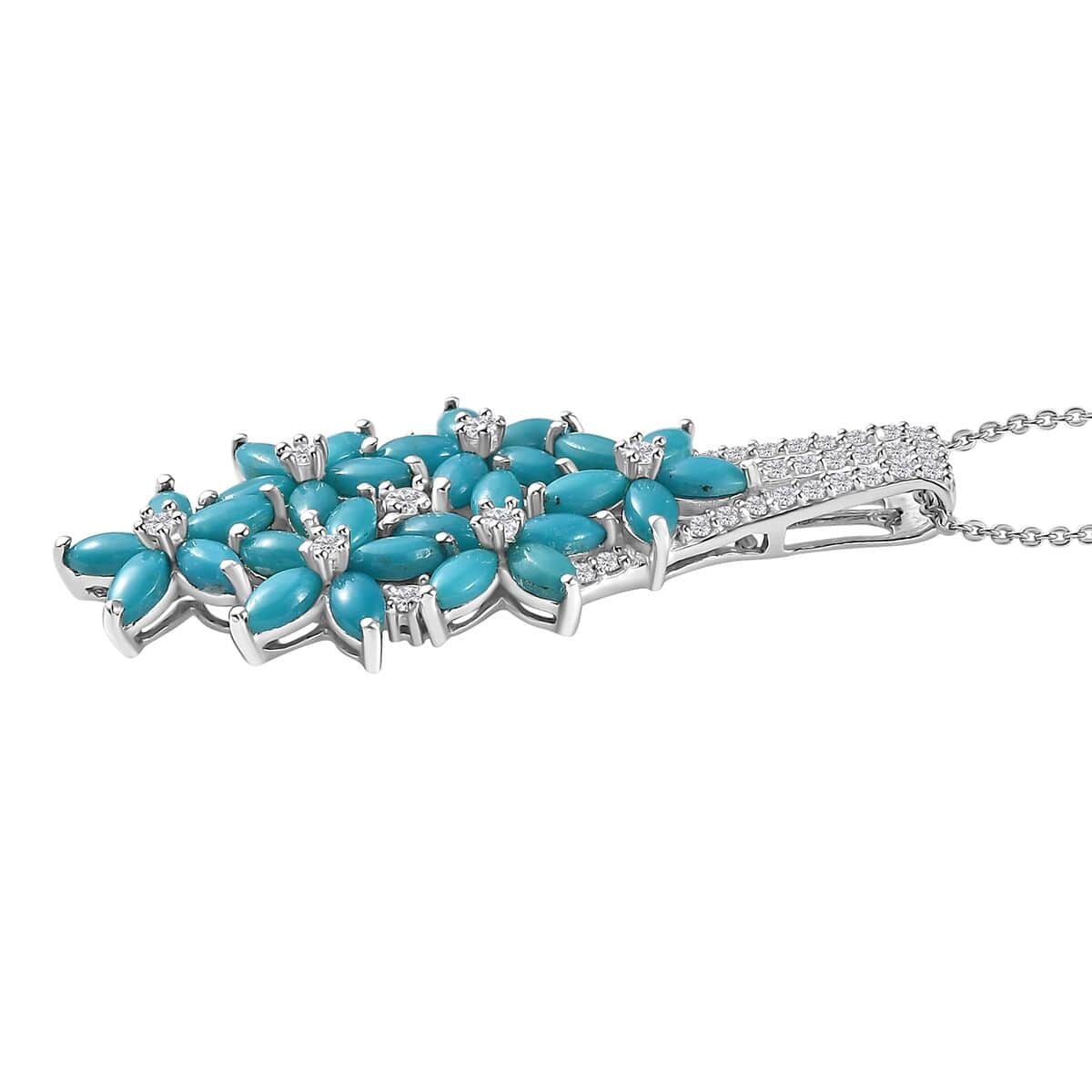 Sleeping Beauty Turquoise and White Zircon Floral Pendant Necklace 20 Inches in Rhodium Over Sterling Silver 4.75 ctw image number 3