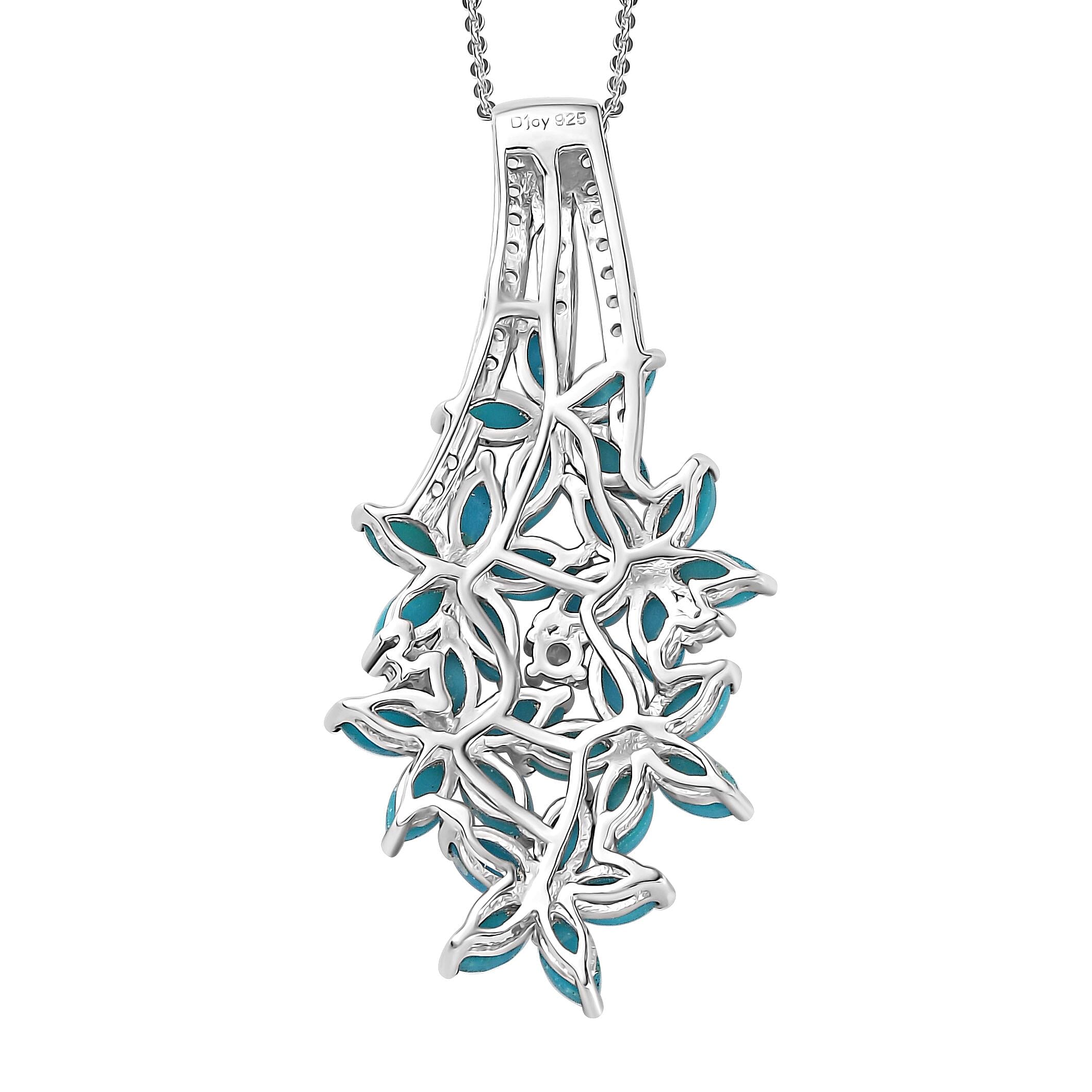 Sleeping Beauty Turquoise and White Zircon Floral Pendant Necklace 20 Inches in Rhodium Over Sterling Silver 4.75 ctw