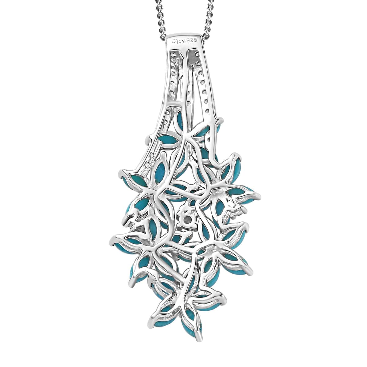 Sleeping Beauty Turquoise and White Zircon Floral Pendant Necklace 20 Inches in Rhodium Over Sterling Silver 4.75 ctw image number 4