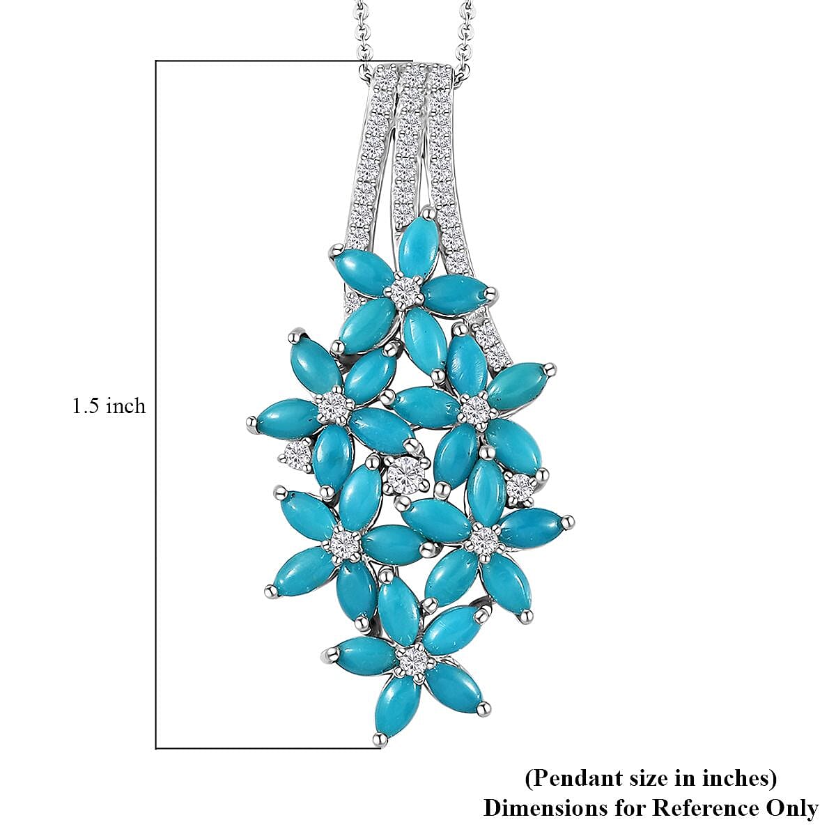 Sleeping Beauty Turquoise and White Zircon Floral Pendant Necklace 20 Inches in Rhodium Over Sterling Silver 4.75 ctw